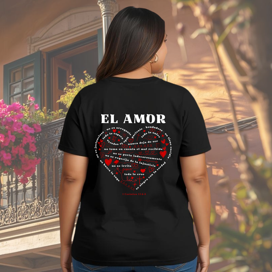 Camiseta El Amor De 1 Corintios 13 (estampado detrás, dúo de color: blanco y rojo)