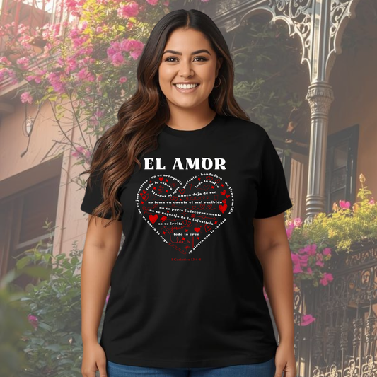 Camiseta El Amor De 1 Corintios 13 (estampado delante, dúo de color: blanco y rojo)