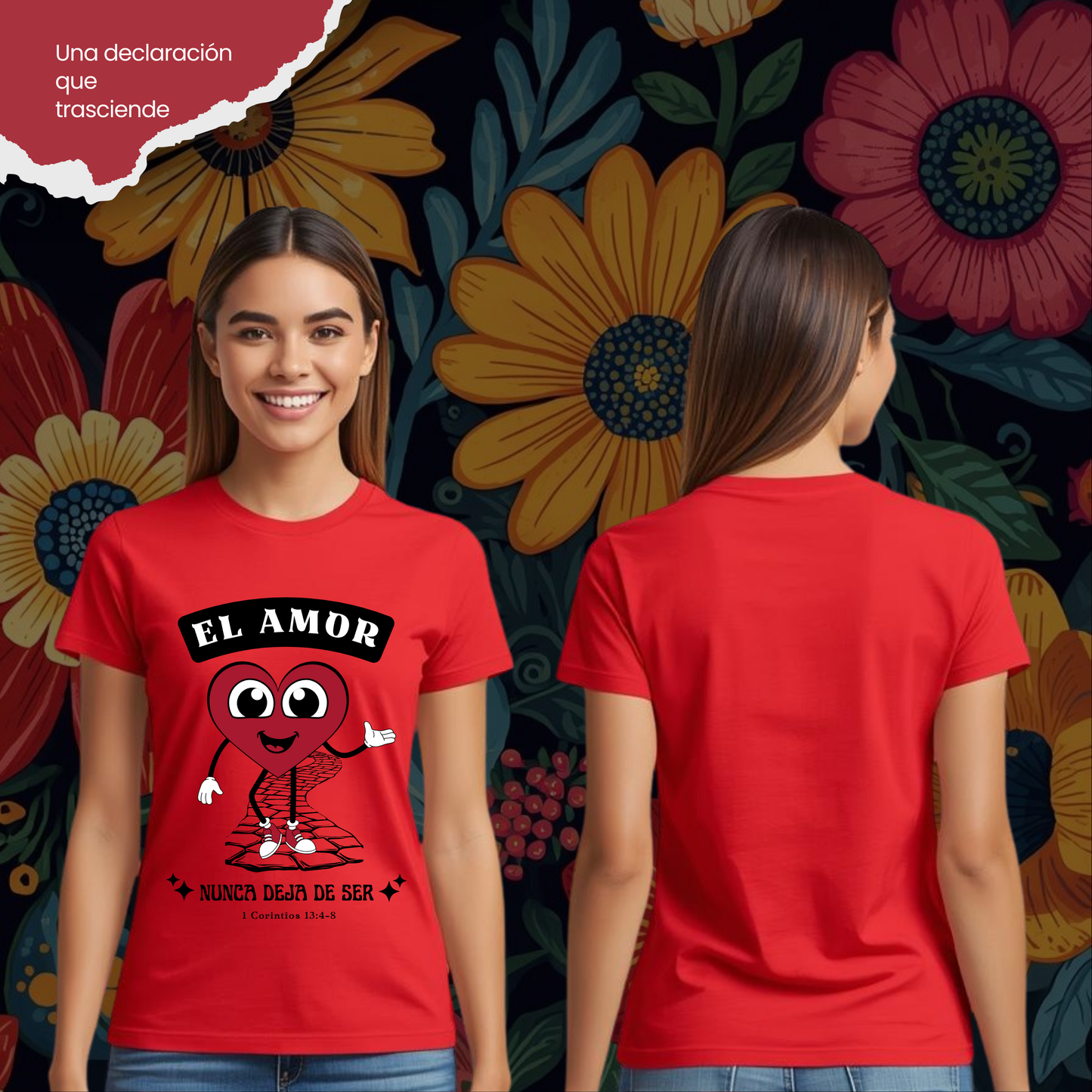 Camiseta El Amor nunca Deja de Ser (estampado delante, sombra negra)