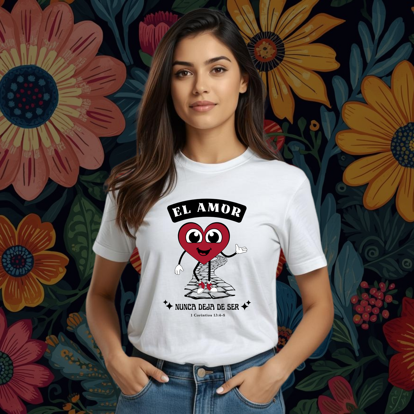 Camiseta El Amor nunca Deja de Ser (estampado delante, sombra negra)