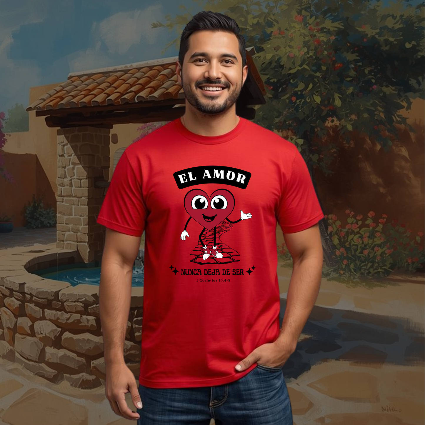 Camiseta El Amor nunca Deja de Ser (estampado delante, sombra negra)