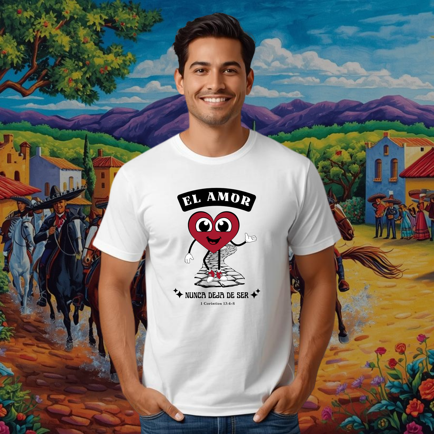 Camiseta El Amor nunca Deja de Ser (estampado delante, sombra negra)