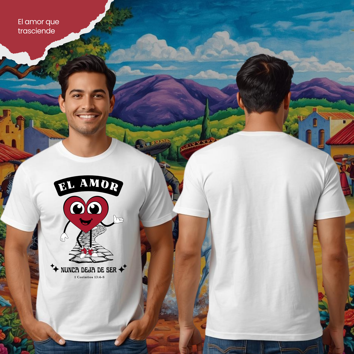Camiseta El Amor nunca Deja de Ser (estampado delante, sombra negra)