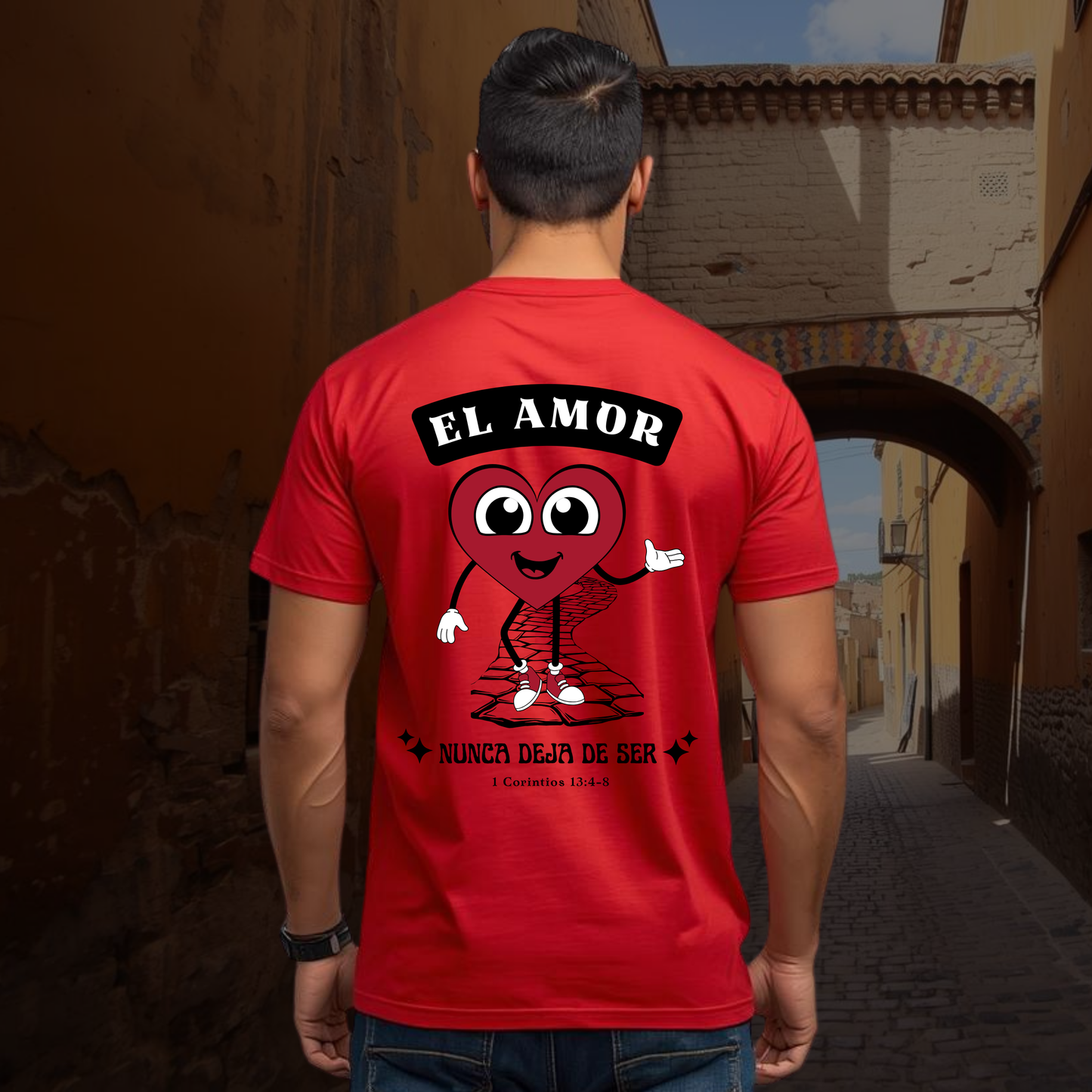 Camiseta El Amor nunca Deja de Ser (estampado detrás, sombra negra)
