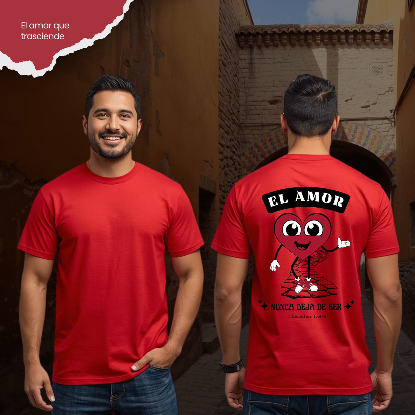 Camiseta El Amor nunca Deja de Ser (estampado detrás, sombra negra)