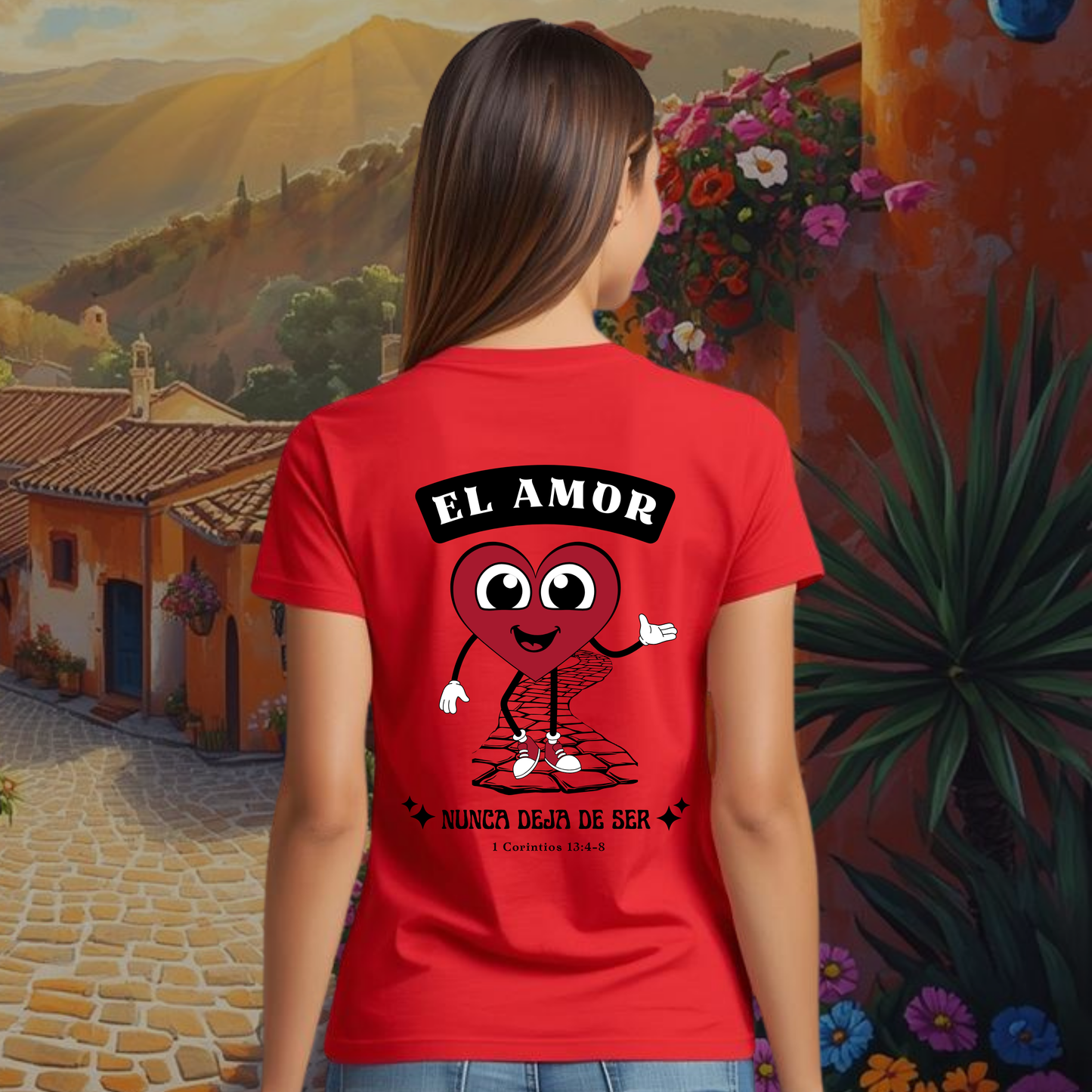 Camiseta El Amor nunca Deja de Ser (estampado detrás, sombra negra)