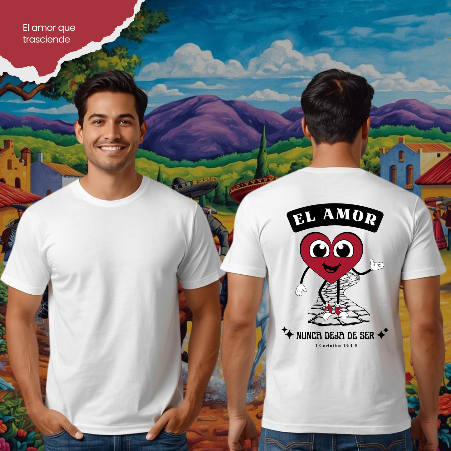 Camiseta El Amor nunca Deja de Ser (estampado detrás, sombra negra)