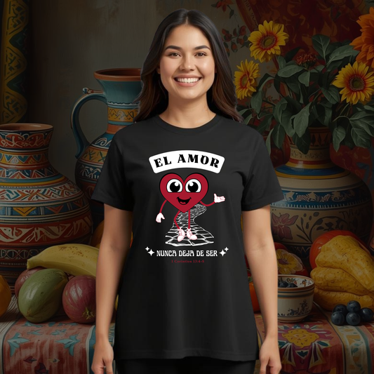 Camiseta El Amor nunca Deja de Ser (estampado delante, sombra blanca)