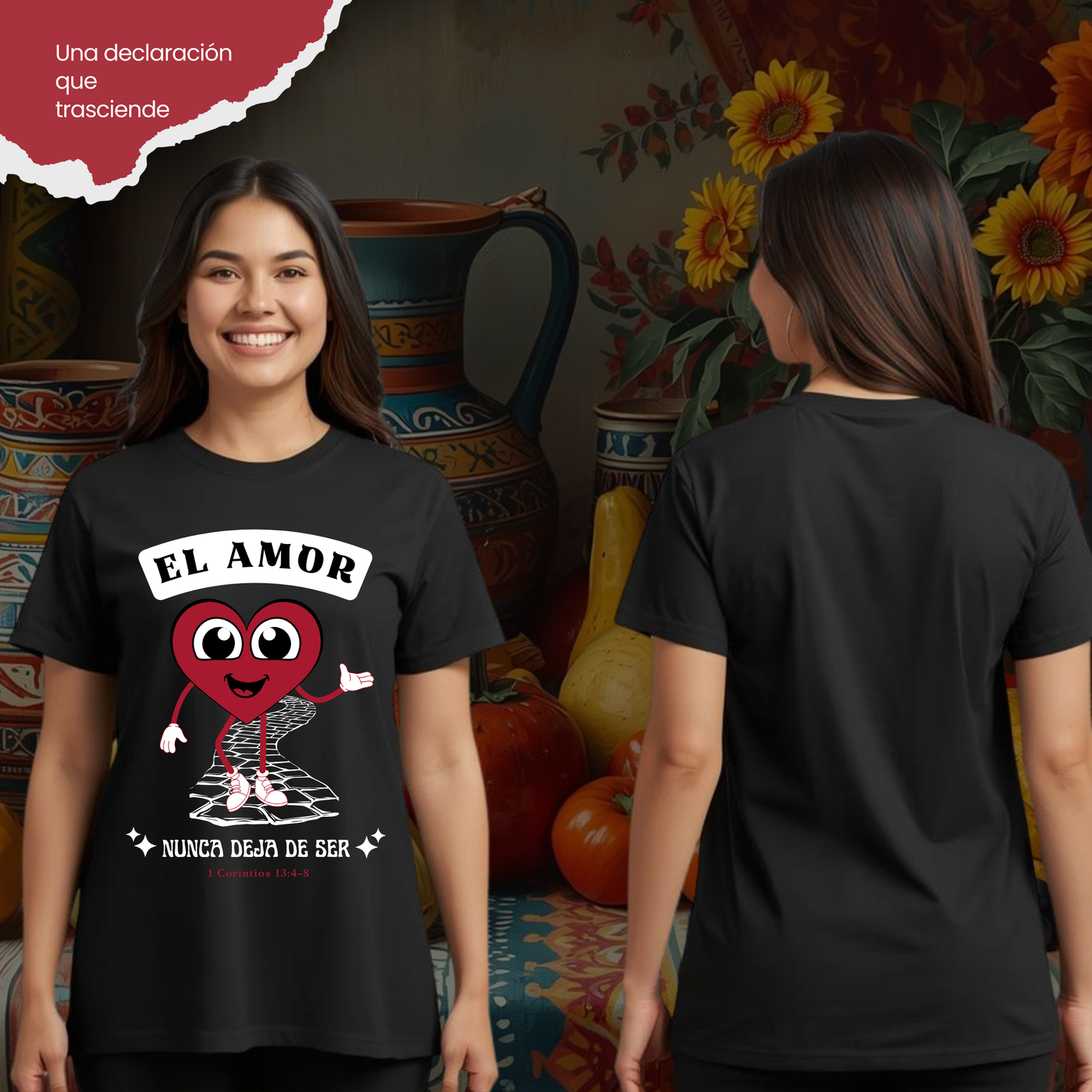 Camiseta El Amor nunca Deja de Ser (estampado delante, sombra blanca)