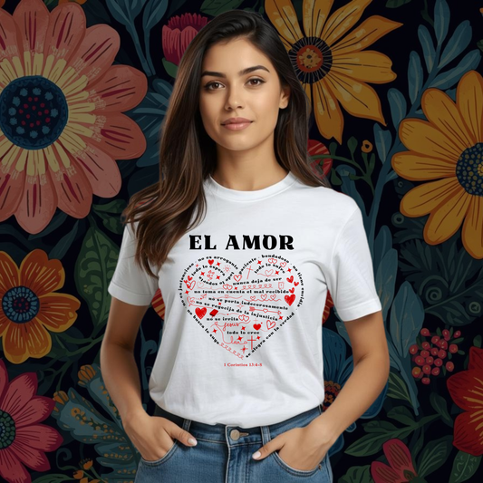 Camiseta El Amor De 1 Corintios 13 (estampado delante, dúo de color: negro y rojo)